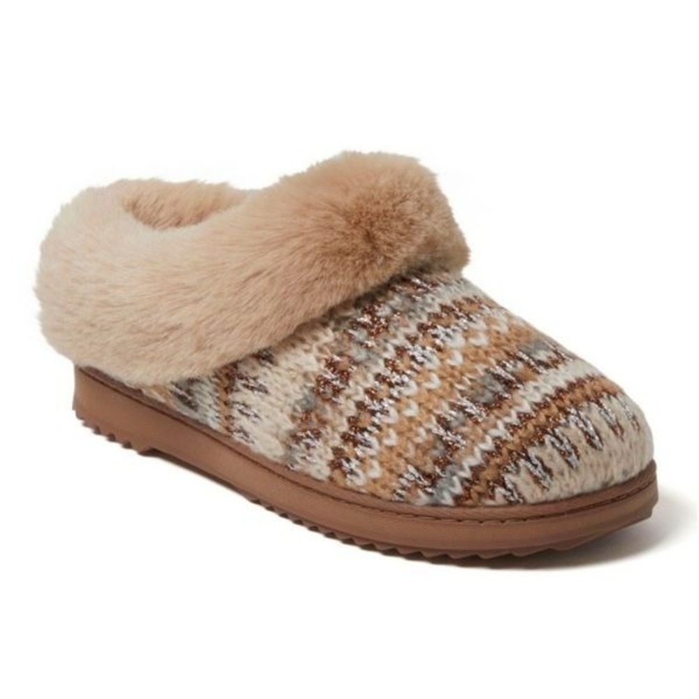 Dearfoams Cozy Fair Isle Knit‎ Slippers Plush Faux Fur Trim Women's XL